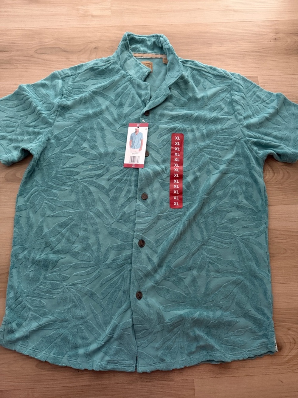 Casual Teal Short-Sleeve Textured Button-Down Shirt - XL